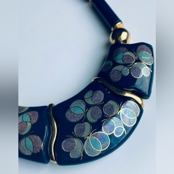 Vintage 2-Sided Japan Necklace Blue Cloisonné-like Design Gold Accents 45cm Long - Picture 3 of 10